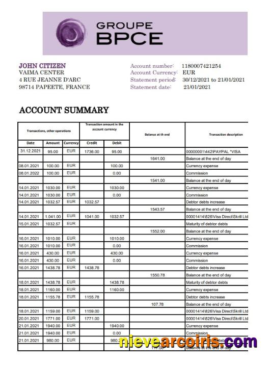 France Groupe BPCE bank statement easy to fill in Excel and PDF format